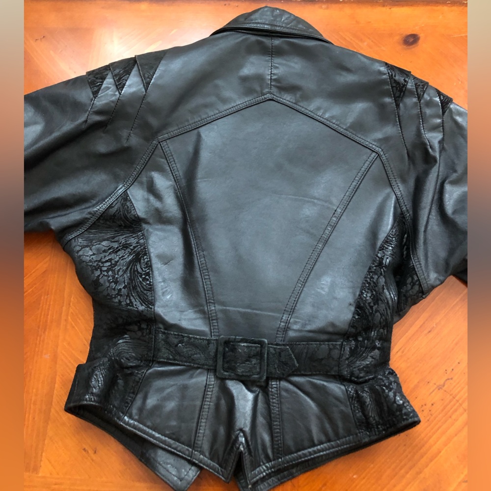 Black Leather Jacket With Patterned Lining Size S - image 6